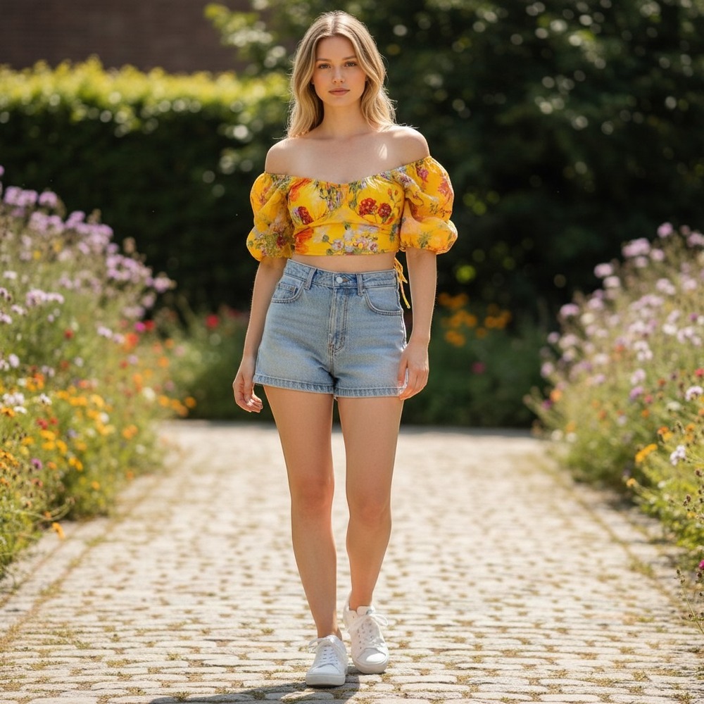H&M Conscious Floral Puff Sleeve Crop Top Yellow Lace Up Back Large NWT